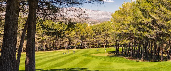 Chateau l'Arc Golf Course, in Provence, southeast of France, Sainte Victoire moutain and the course Chateau l'Arc Golf Course